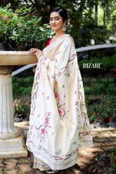 Off White Tussar Katha embroidery in Pink & green design